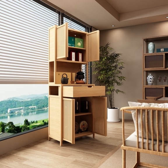 GDF Studio 72.7" Tall Bamboo Storage Cabinet with 4 Doors and Drawer, Natural