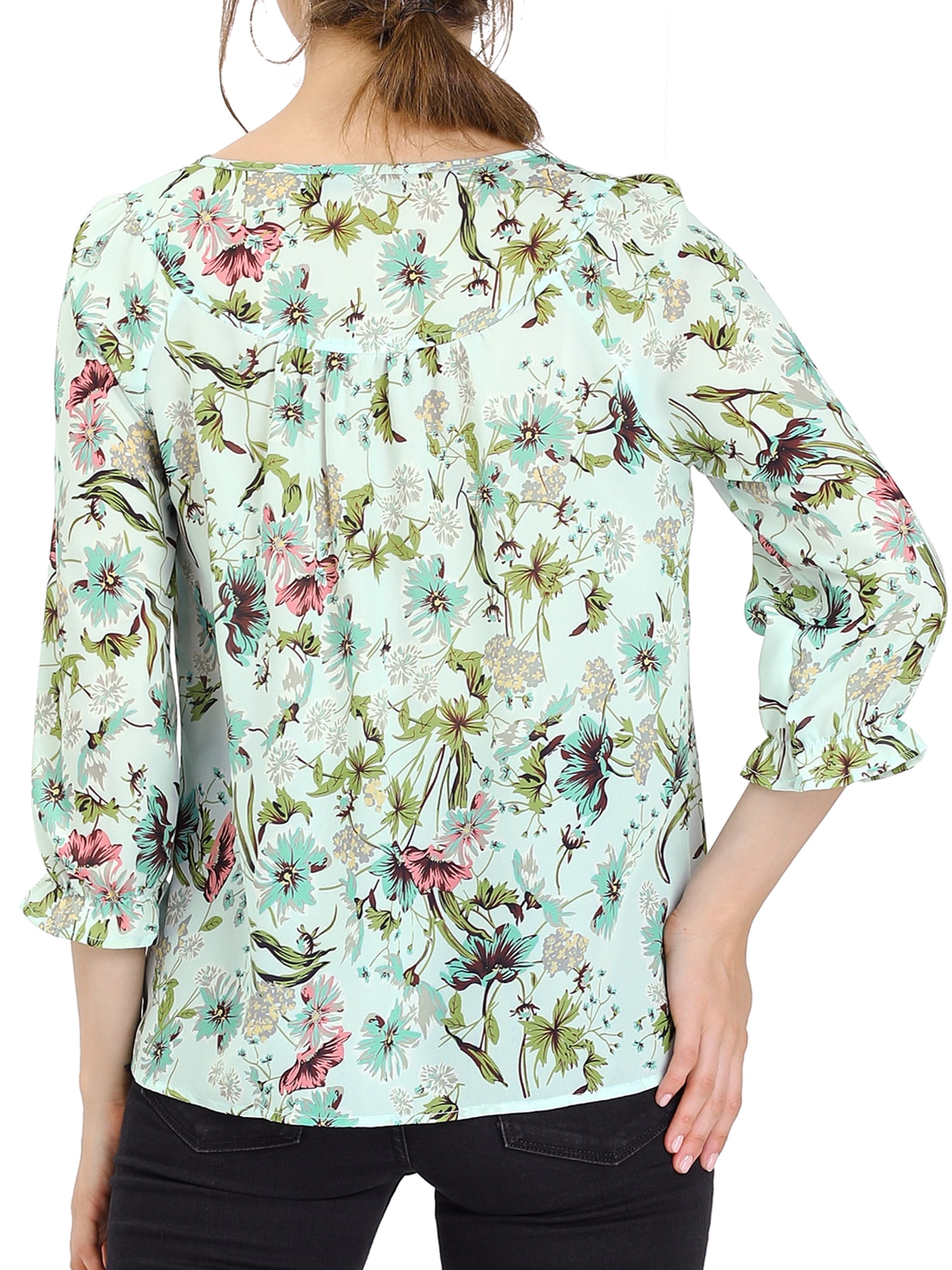 DARING DIVA Tie V Neck Boho Ruffled 3/4 Sleeve Blouse M Green