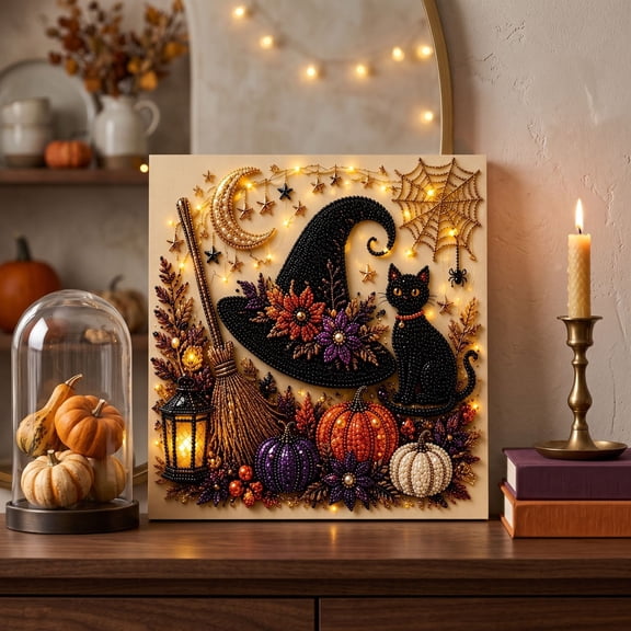 Black Cat Witch Hat and Crescent Moon Pearl Art Kits for Adults, 5D Diamond Art Kits Framed Canvas Halloween