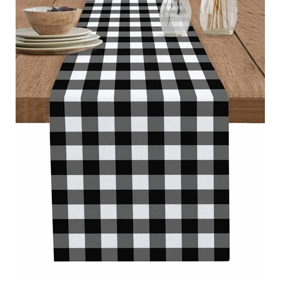 Black White Plaid Burlap Cotton Table Runner 13x60 Inches Long, Modern Simple Buffalo Check Gingham Farmhouse Table Runners, Outdoor Dining Tablecloths Decor for Baby Shower/Party/Wedding