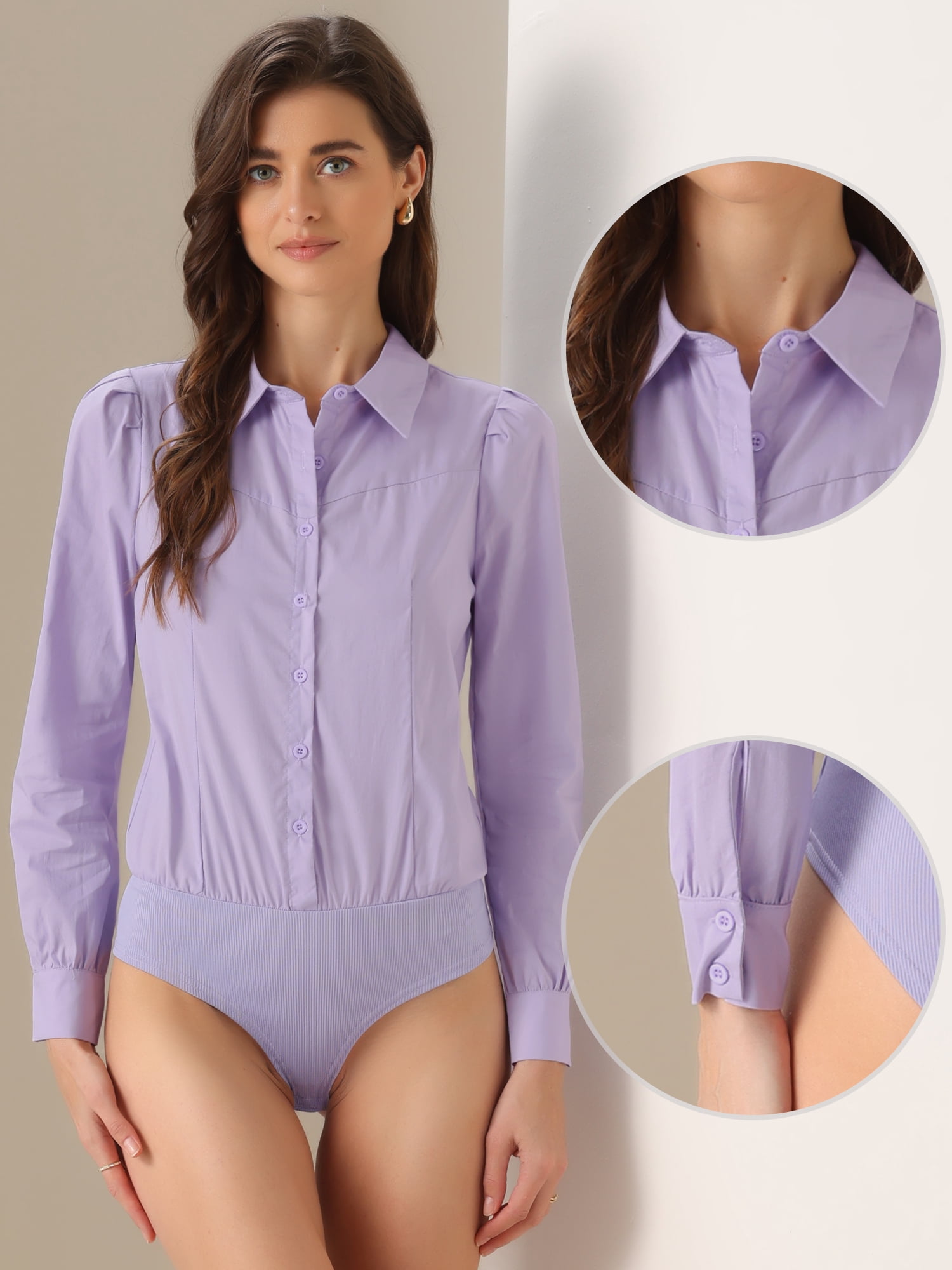 DARING DIVA Leotard Shirt Collared Button Down Long Sleeves Bodysuit L Purple