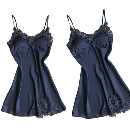 Lamuusaa Women s Silk Satin Sleepwear Dress Ladies Sexy Micro Babydoll Lace Sleepwear Dress V-Neck Mini Skirt