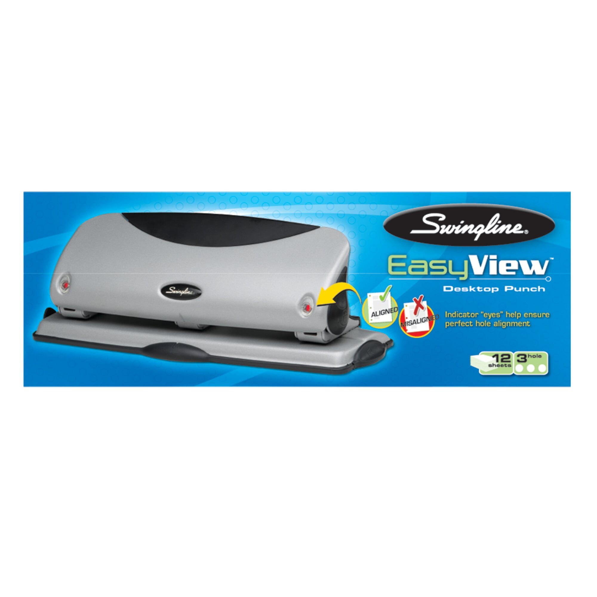Swingline EasyView Desktop Punch, Alignment Indicators, 3 Holes,12 Sheets