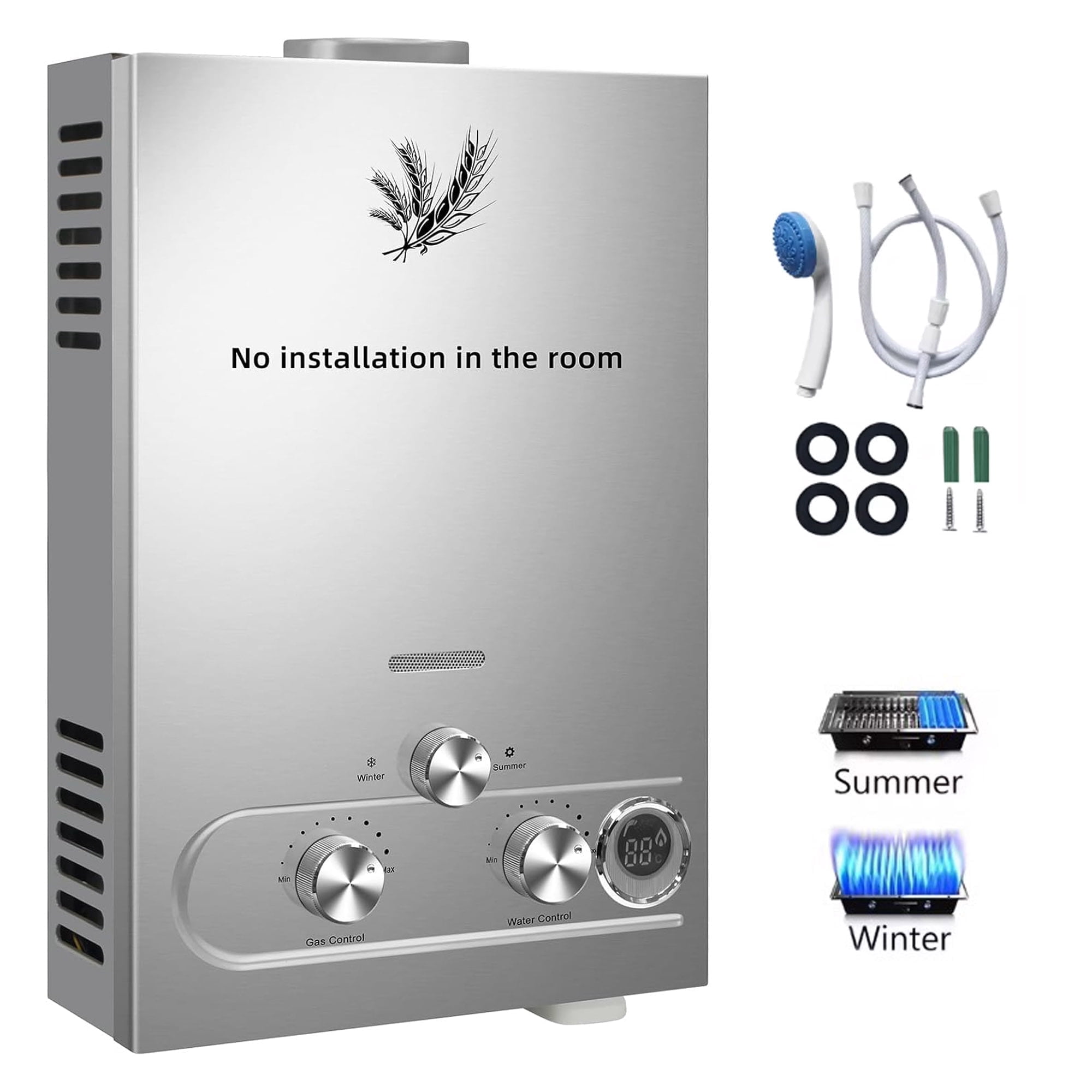 Tankless Water Heater LPG Propane with Digital Display, 1.6GPM 6L Portable Instant Hot Gas Water Heater for Indoor and Camping