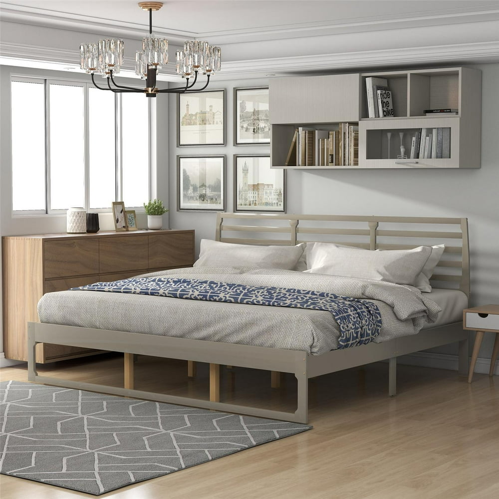 King Size Modern Platform Bed Frame with Headboard, Pine Wood Bed Frame