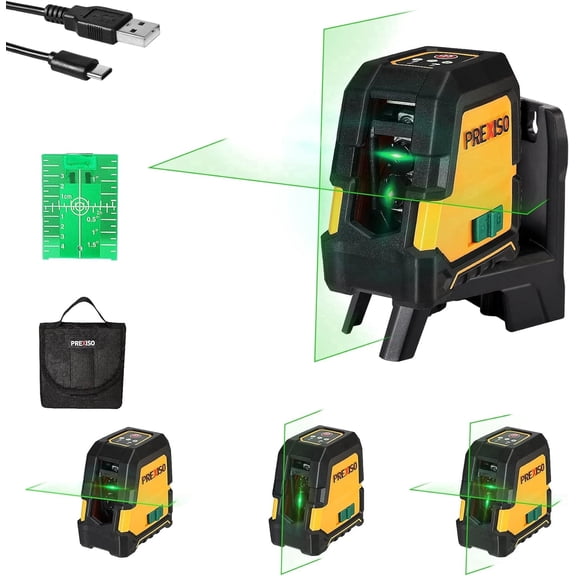 PREXISO Laser Level Self Leveling - 100Ft Rechargeable Cross Line Laser, Green Line leveler Tool for Construction, Floor Tile, Home Renovation with Magnetic Pivoting Base, Target Plate & Portable Bag