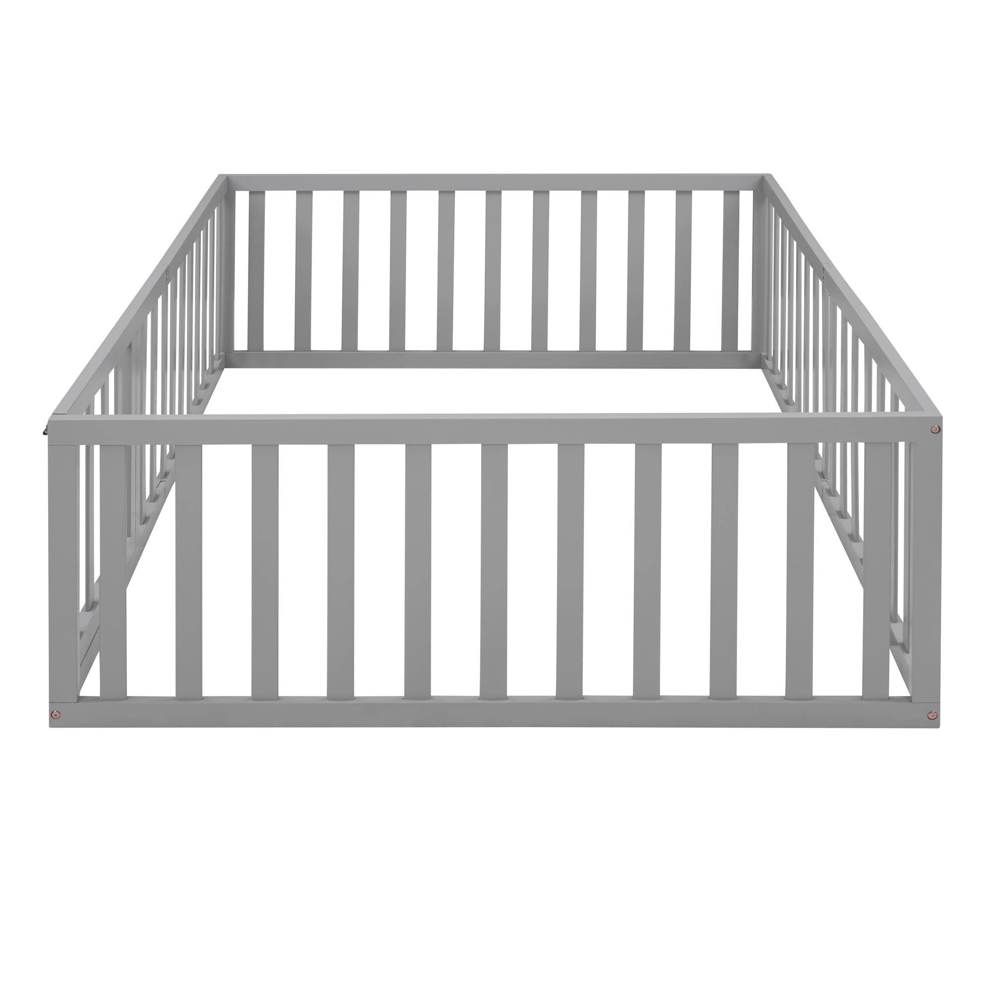 Kumix Full Floor Bed with Fence and Door, Wood Floor Bed Frame for Teens, Noise-Free Low Floor Bed for Bedroom, Dorm, No Weight Capacity Limit, Easy Assembly, Gray
