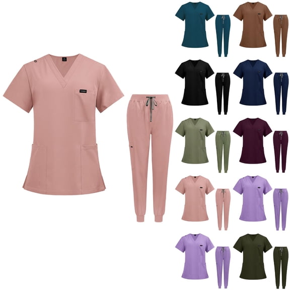 Minjewel VIAOLI Women's V-Neck Short Sleeve Scrubs for Women Set with Pockets, Comfortable & Professional Scrub Set for Healthcare Workers,Army Green L
