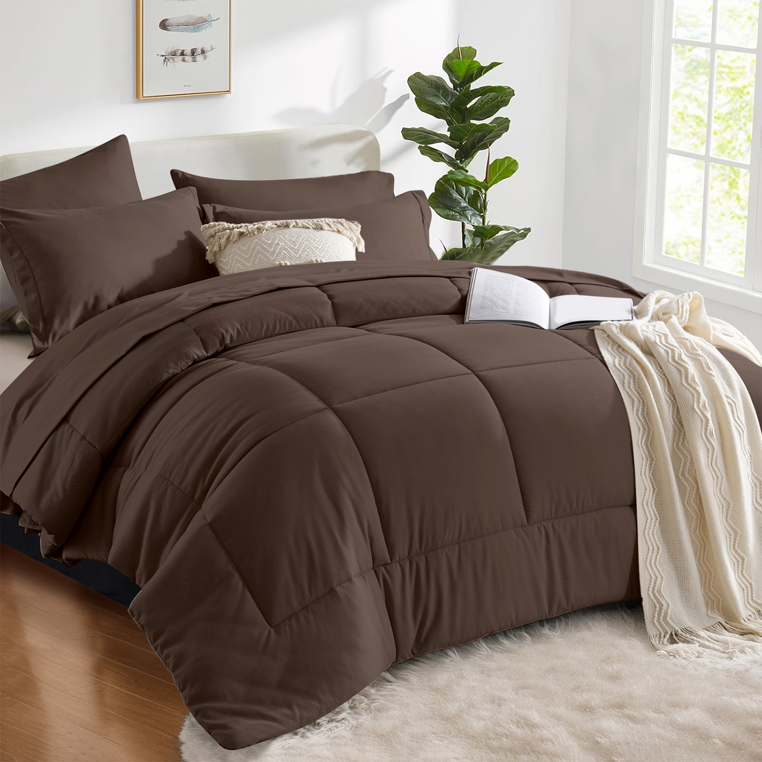 Flymme Charcoal Gray Comforter Sets with Sheets 5 Pieces Bed in a Bag for Modern Bedroom Decor Soft Quilted Warm Gray Bed Sets for Teen Adult