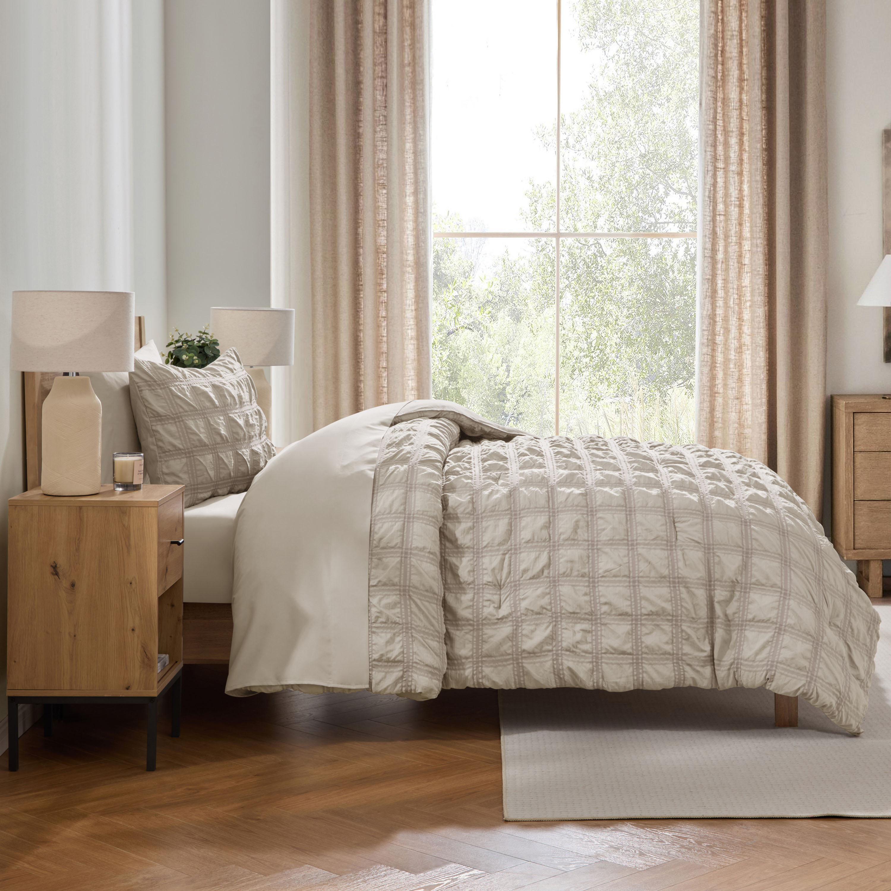 LammaLoe Twin Comforter Sets, 7 Piece Seersucker Bed in a Bag, Bedding Comforter Set with Sheets, Modern Bed Set, Oatmeal