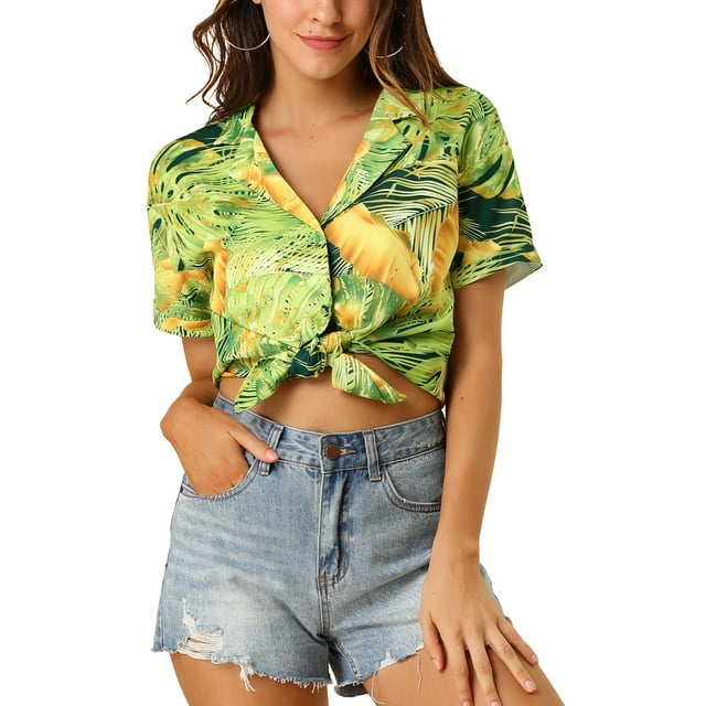 INSPIRE CHIC Women's Shirts Hawaiian Short Sleeve Tropical Floral Button Down Tops S Green
