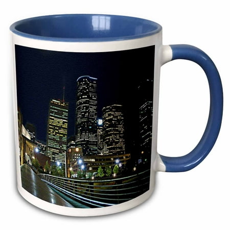 3dRose Houston Downtown Cityscape at Night, Texas, Textured Artwork Photo - Two Tone Blue Mug,