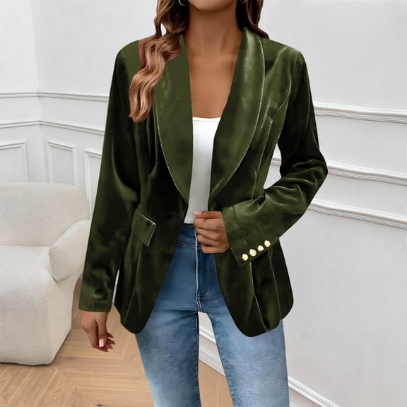 ClodeEU Women's Notched Lapel Velvet Blazer Suit Jacket,Long Sleeve Button Work Office Blazer Jacket Army Green,Womens Plus S