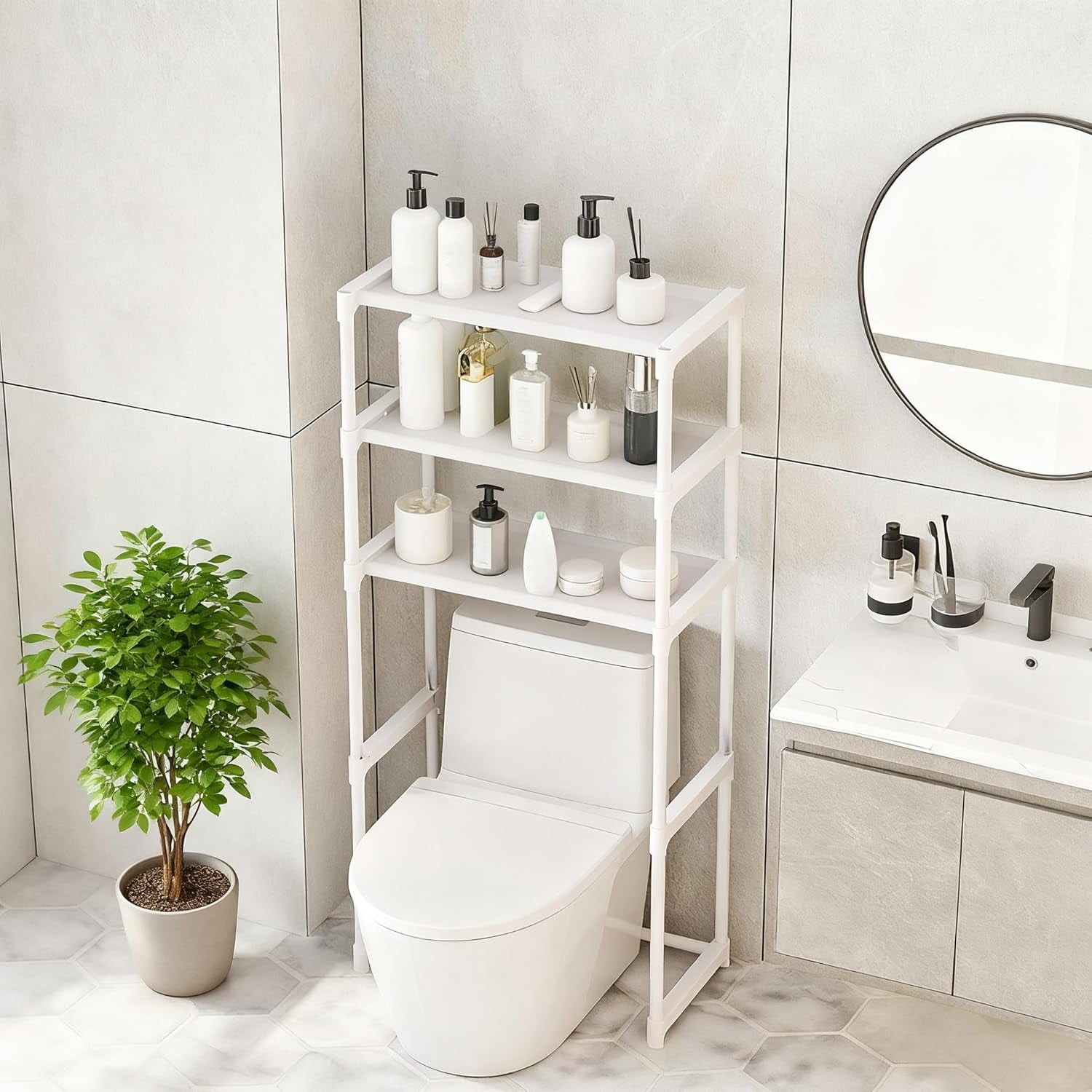 3-Tier Over-The-Toilet Storage Rack - Freestanding Metal Bathroom Shelves w/No-Drill Anti-Tip Kit, Space-Saving Organizer for Bathroom, Laundry, Balcony