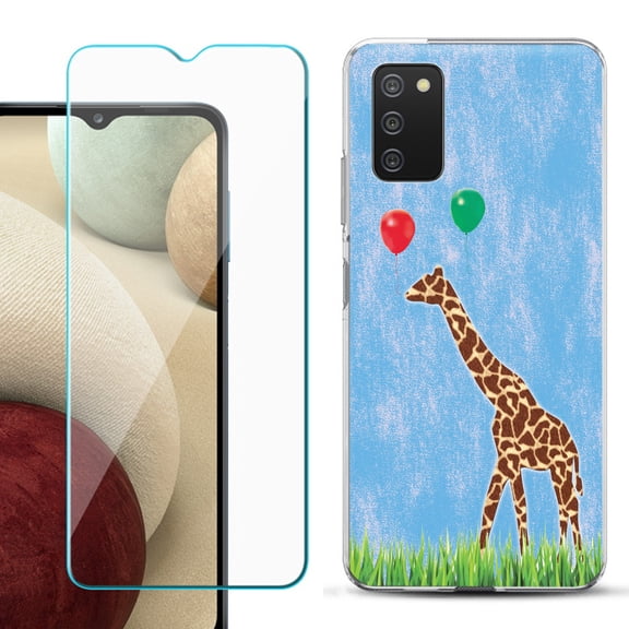 Slim-Fit TPU Fashion Phone Case for Samsung Galaxy A03s, with Tempered Glass Screen Protector, by OneToughShield ® - Giraffe/Balloon