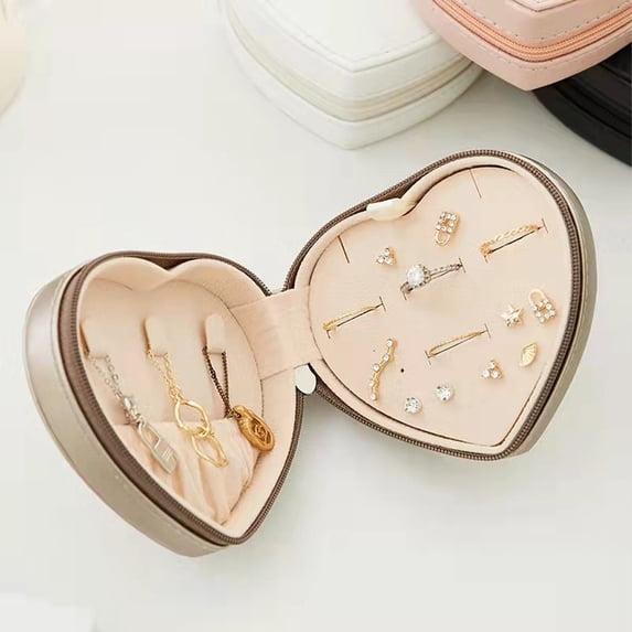 Amaiiu PU Heart Jewelry Organizer Large Capacity Zipper Storage Box Earring Necklace Rings Ear Studs Portable Holder for Champagne