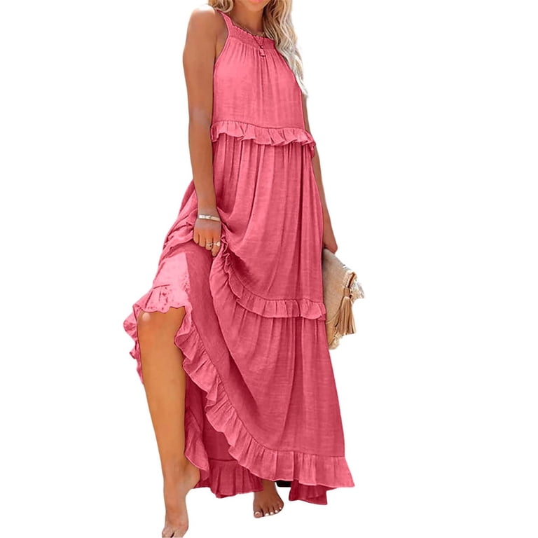 IUZSOKIL Womens Summer Maxi Dress, Cotton Sleeveless Halter, Ruffle Flowy Casual Pink - Walmart.com IUZSOKIL Womens Summer Maxi Dress, Cotton Sleeveless Halter, Ruffle Flowy Casual Pink - Walmart.com