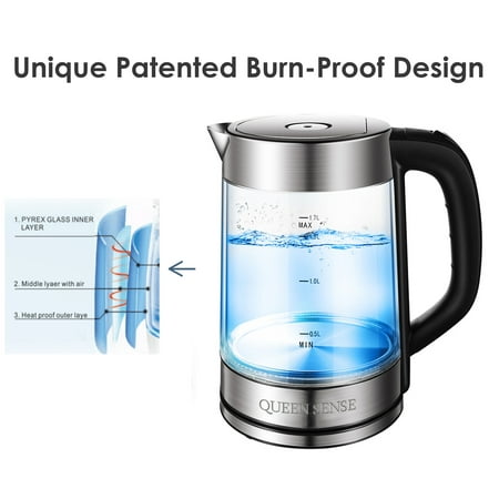 QUEEN SENSE Burn-Proof  Electric Kettle Double Layer Glass Tea, Coffee Pot 1.7 Liter Cordless with LED Light, BPA-Free with Auto Shut-Off and Boil-Dry Protection