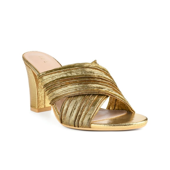 BLISSFUL STEP Women's Shoes Strap Slip on Block Heel Slide Sandals Gold 7