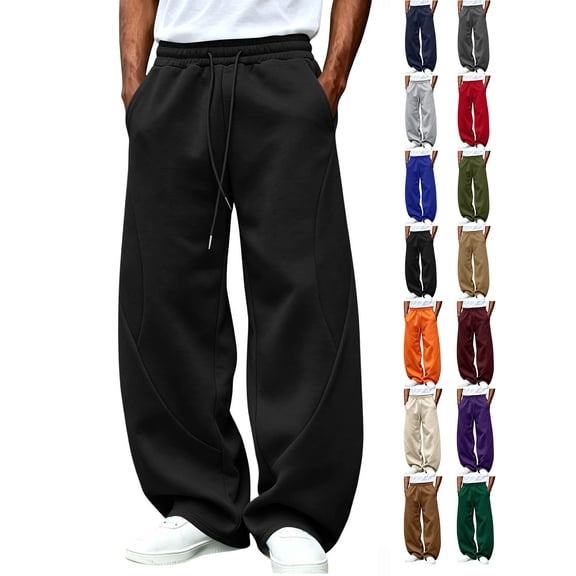 Hzzrkos Men's Wide Leg Sweatpants Casual Fleece Lined Lounge Pants Drawstring Elastic Waist Baggy Jogger Pants Loose Fit Athletic Streetwear Trousers with Side Pockets Black L
