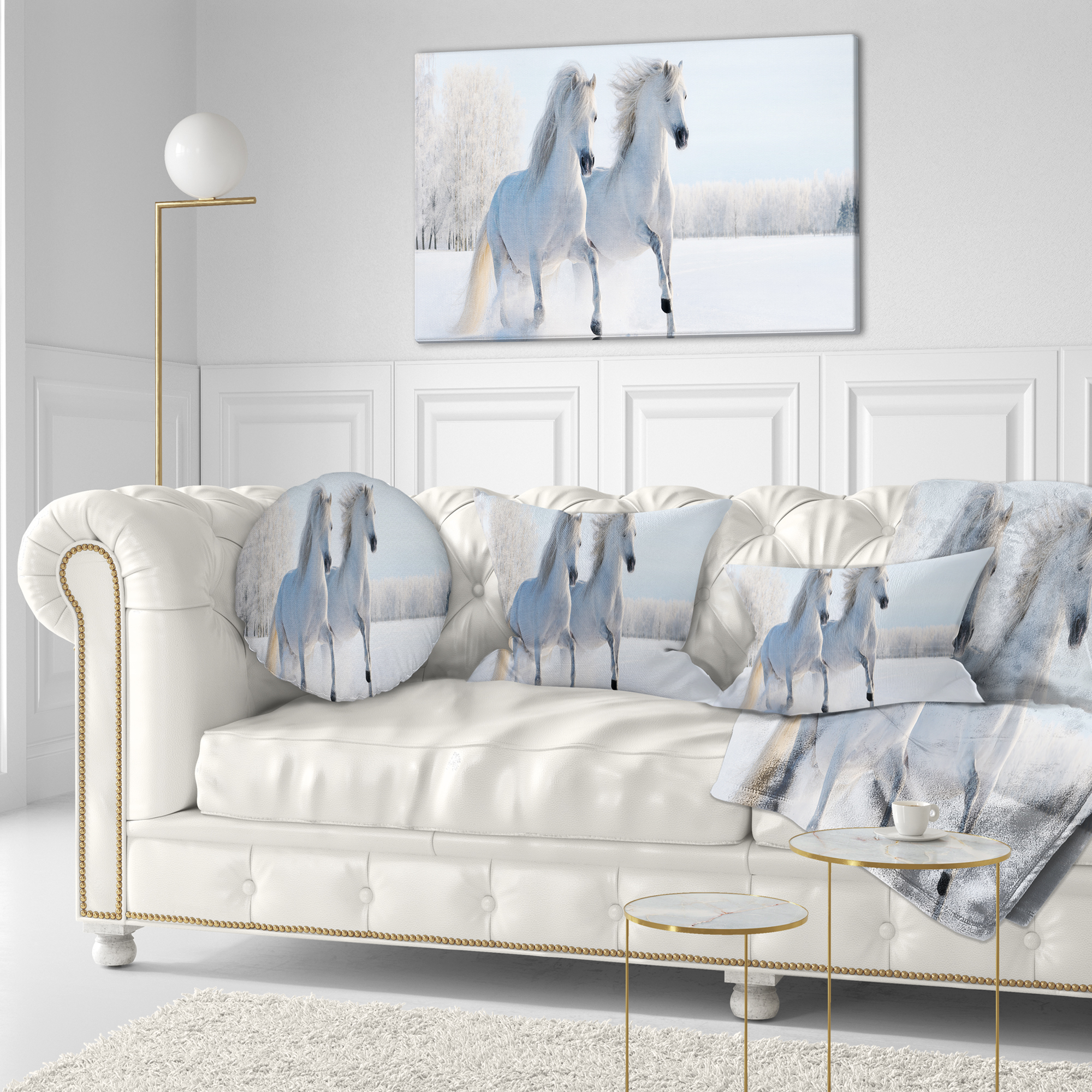 Designart Two Galloping White Ponies - Animal Photo Throw Pillow - 12x20