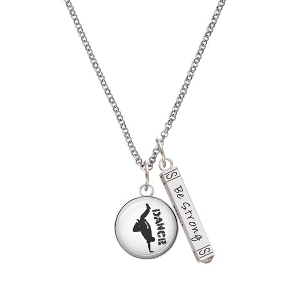 Delight Jewelry Silvertone Domed Hip Hop Handstand Dance Silvertone Be Strong and Courageous Bar Charm Necklace, 23"