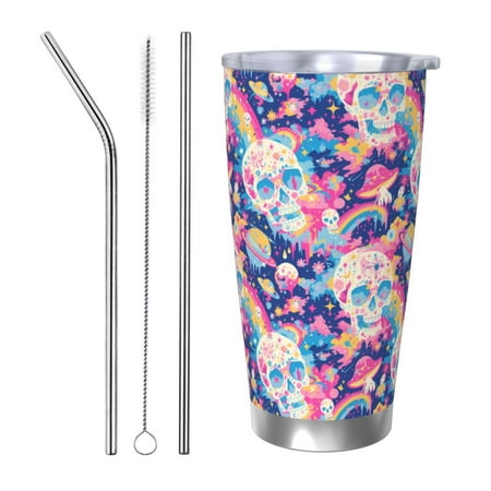 

Cauagu Skull rainbow color space Pattern 20oz Tumbler Stainless Steel Vacuum Insulated Tumbler with Lid Insulated Coffee Mug Thermal Cup with Splash Proof Sliding Lid-Straw Three-piece Set