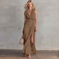 thumbnail image 2 of Ahabrexf Wedding Guest Dresses for Women, V Neck Ruffled Sleeveless Side Ruched High Slit Maxi Dress for Evening Party and Wedding, 2 of 9