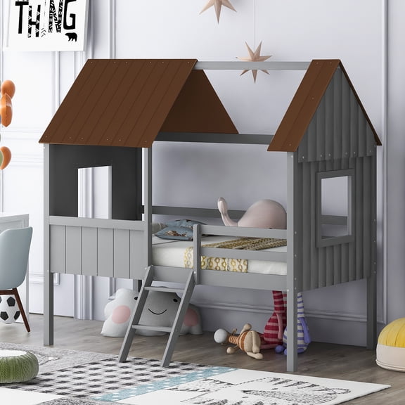 Harper & Bright Designs Wood House Bed Twin Size Low Loft Bed with Two Side Windows, Guardrail and Ladder for Girls Boys, Gray Brown