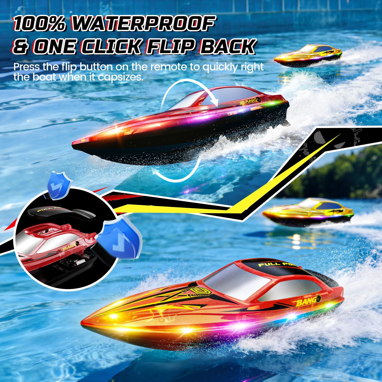 DEERC 2 Pack 13 inch Remote Control Boat for Kids, 4 Batteries, 2.4Ghz RC Racing Boat with LED Lights for Pools and Lakes, Summer Water Toy Gift for Boys 8-12