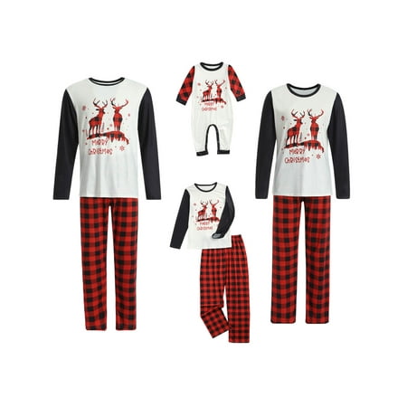 

Gwiyeopda Christmas Parent-child Nightwear Set/ Romper White Long Sleeve Plaid Printed Pattern Tops + Red and Black Plaid Pajama Pants