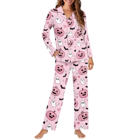 HUIACONG Orange Witch Cat Pumpkin Print Women s 2 Piece Pajama Set Notch Collar Button Front Long Sleeve Quick Dry Stretch Polyester Dual Pockets Ideal for Halloween Home Loungewear