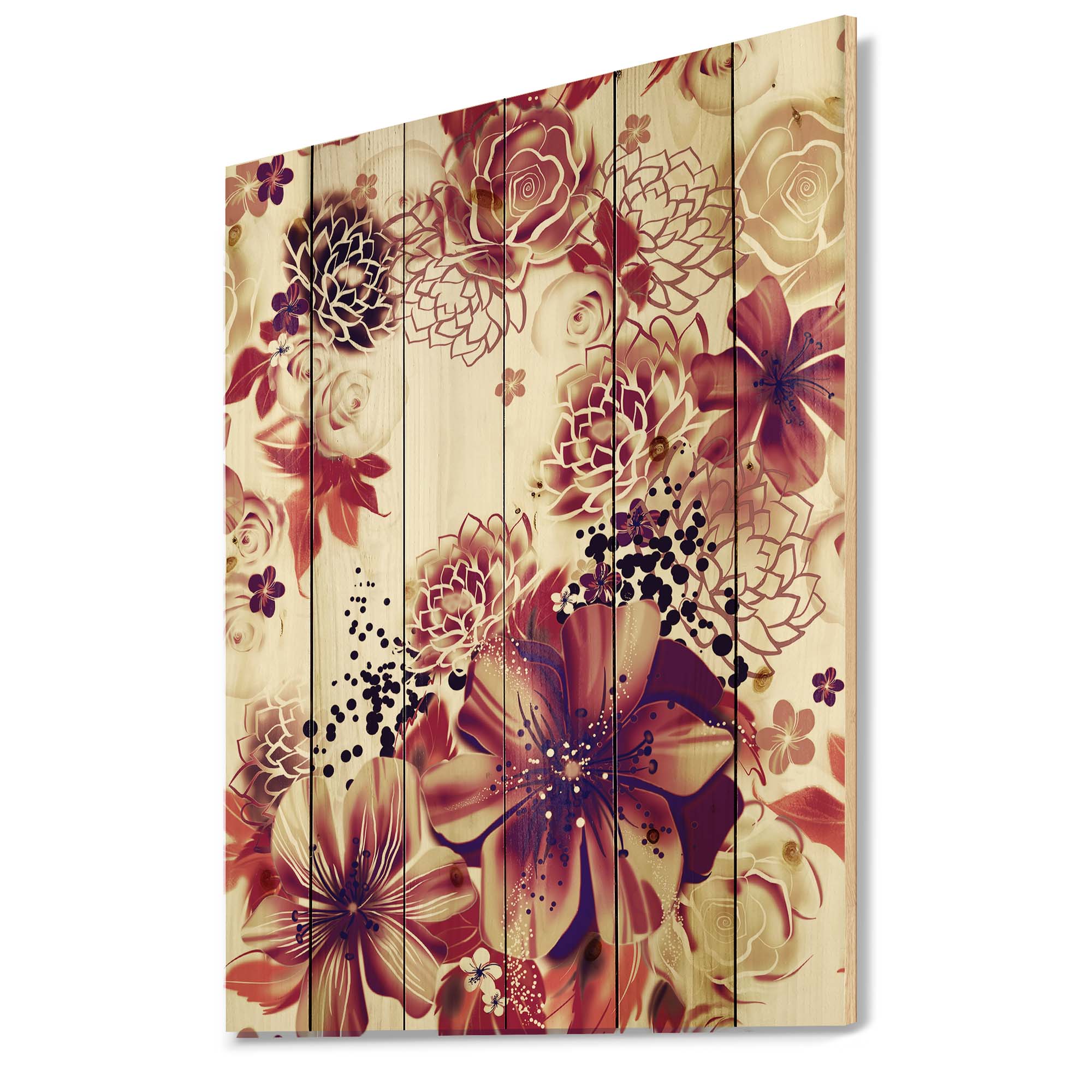 Designart 'Yellow and Pink Flowers Retro' Traditional Print on Natural Pine Wood