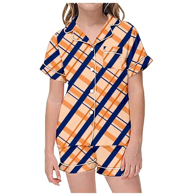 Icvfdpl Pyjama Fille Ensemble 2 Pcs avec Short à Manches Courtes Imprimé à Carreaux Vêtements de Nuit Respirant 3-4 Ans