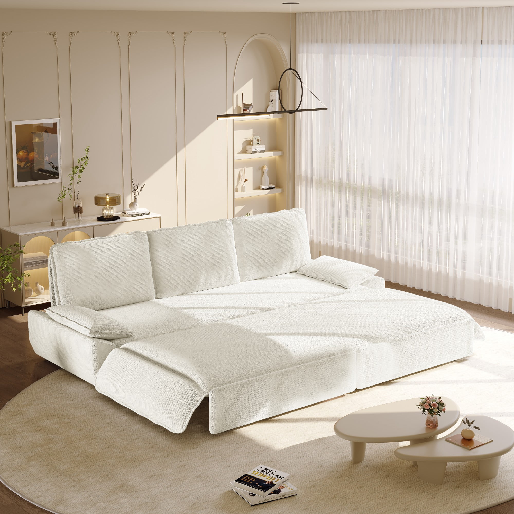 LLappuil 95" Pull Out Sofa Bed Queen Size, Oversized Corduroy Loveseat Sofa Couch Convertible Sofa Bed for Living Room Beige