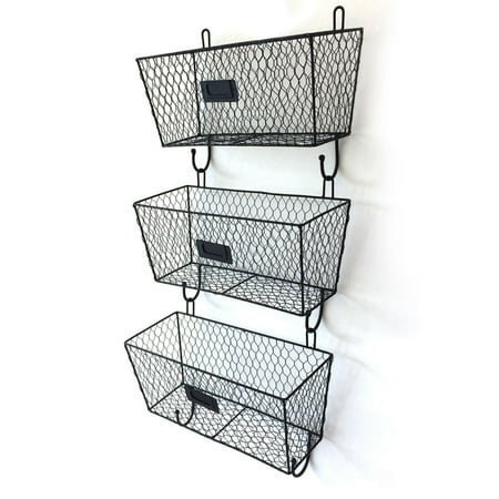 Vintage Wall Mail Organizer YLSHRF 3pcs Wire Letter Mail Mount Metal Rack Basket Vintage Triple Organizer Black , Mount Rack Basket, Rack Basket ()