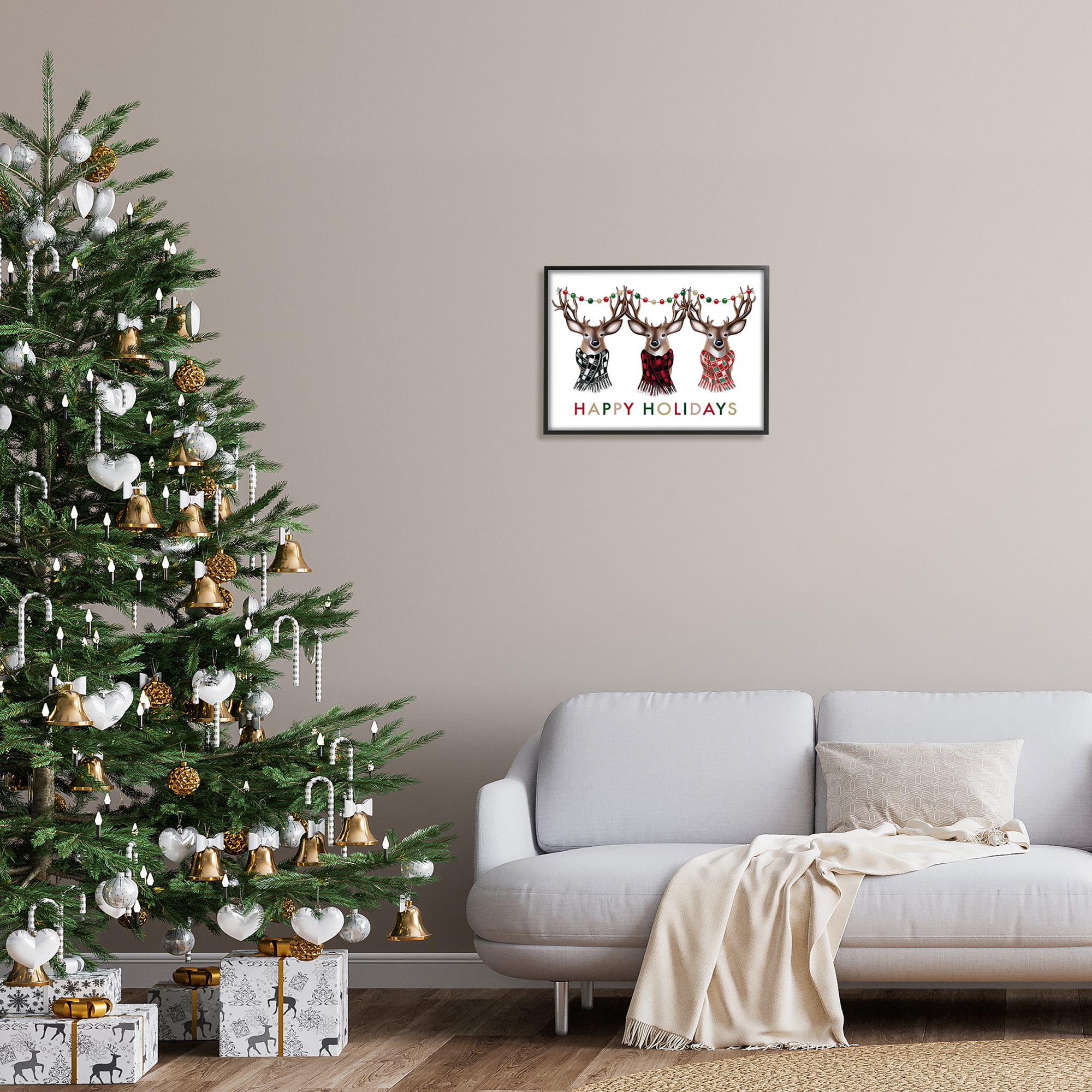 Happy Holidays Christmas Reindeer Antlers Plaid Scarf Animals & Insects Graphic Art Framed Art Print Wall Art
