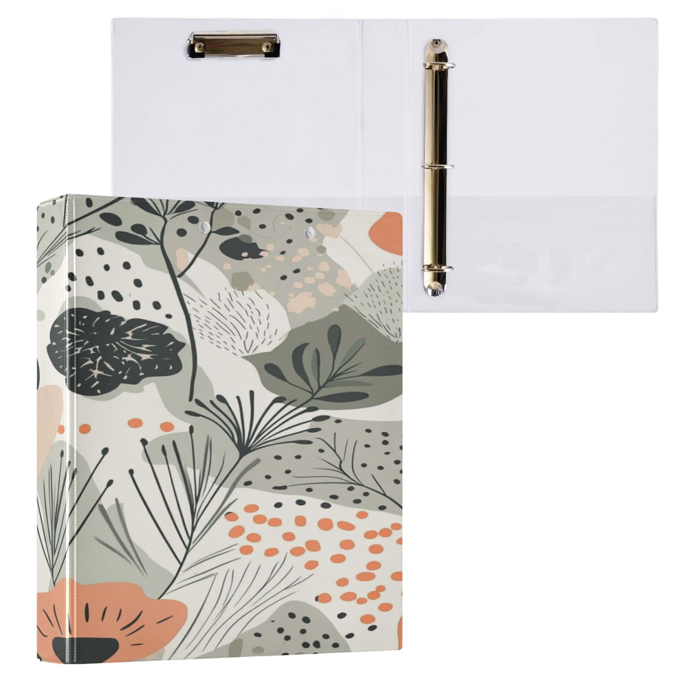 Artistic Floral Pattern 12.4x10.6in PVC Round Ring Binder, D-Ring 3-Hole, Metal Clip, 200 Sheets