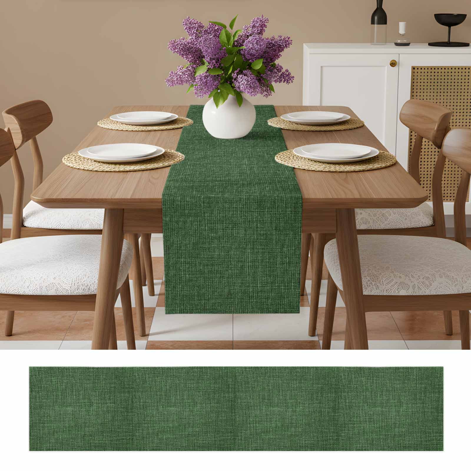 Dark Green Burlap Texture Table Runner, Farmhouse Vintage Green Washable Cotton Linen Table Runners 72 Inches Long, Dresser Scarf Runner for Dining/Coffee/Kitchen/TV Stands/Cabinets 13''x72''
