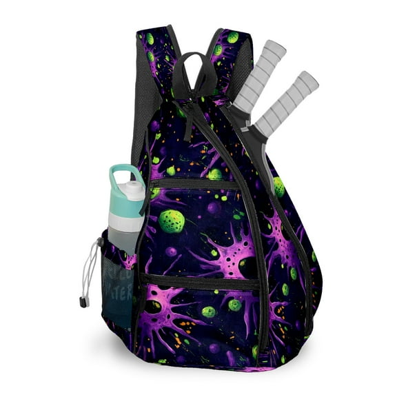 Pickleball Shoulder Bag for Men and Women - Fence Hook - Crossbody Backpack with Water Bottle Holder Purple Planet