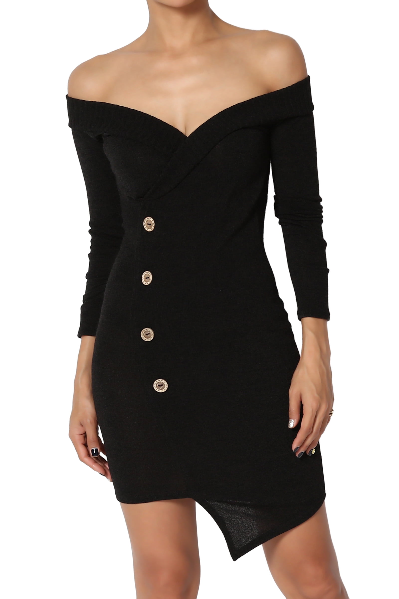 bodycon off shoulder dress with plunging neckline