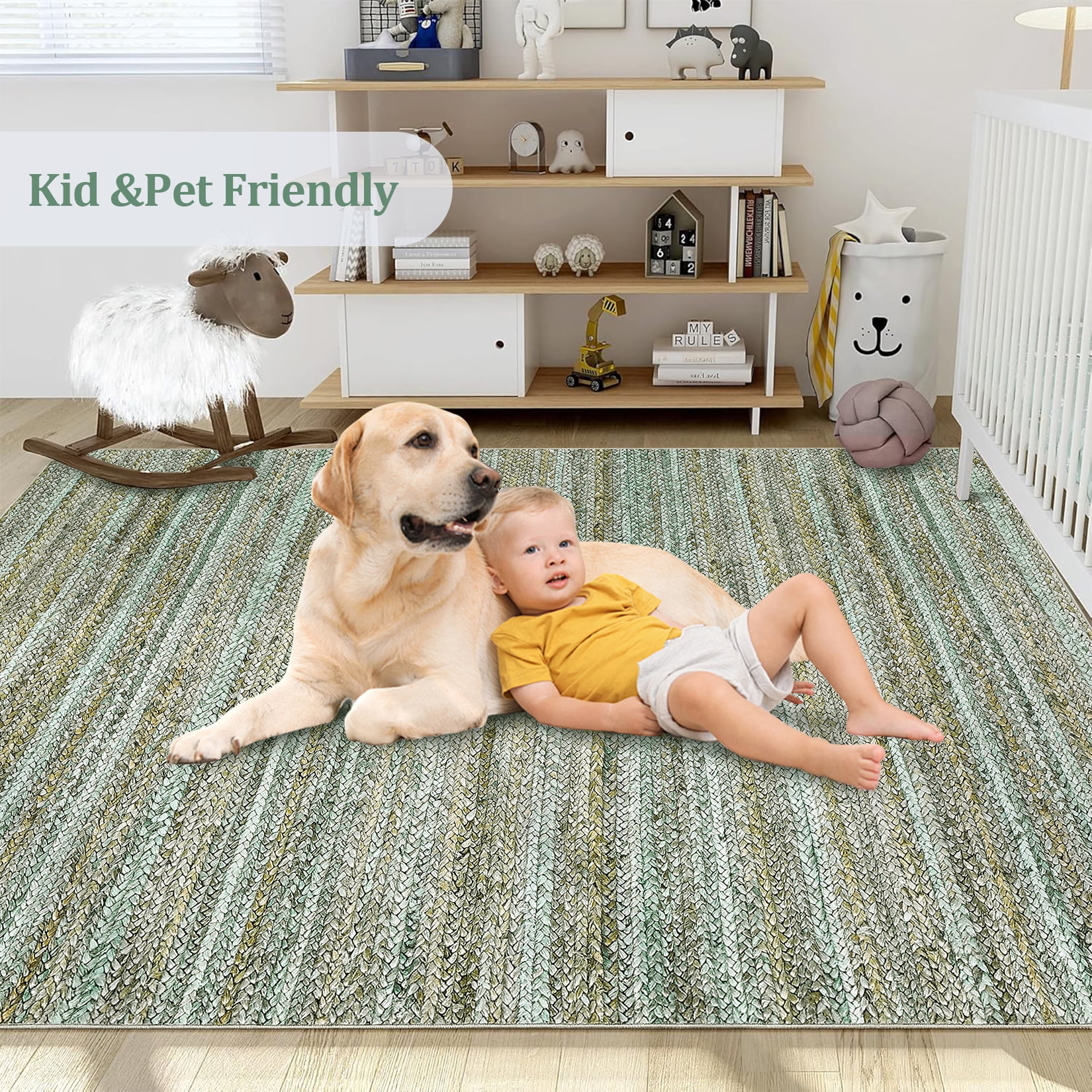 FairOnly 8'x10' Green Machine Washable Living Room Area Rugs Modern Braided Print Non Slip Rugs for Bedroom Home Office Rug Indoor Floor Carpet
