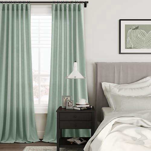 Aqua Green Linen Semi Sheer Curtains 108 Inches Length Light Filtering Neutral Farmhouse Boho Rod Pocket Back Tab Hook Belt Clip Rings Window Drapes for Bedroom Living Room 2 Panels 52x108