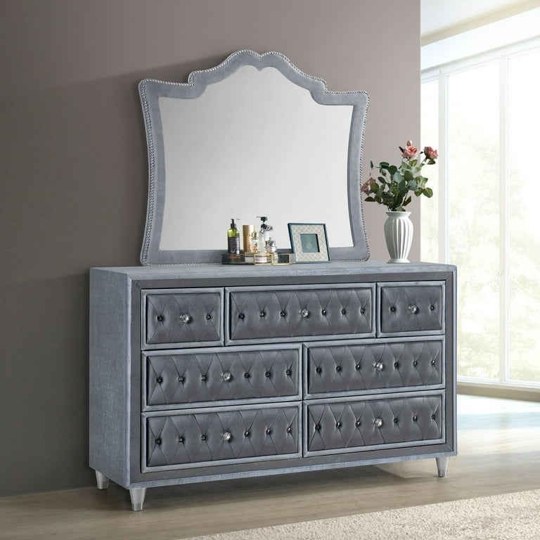 grey velvet dresser with mirror Free Shipping! Coaster Company Antonella 7-Drawer Gray Velvet Dresser with  Mirror and Jeweled Knobs