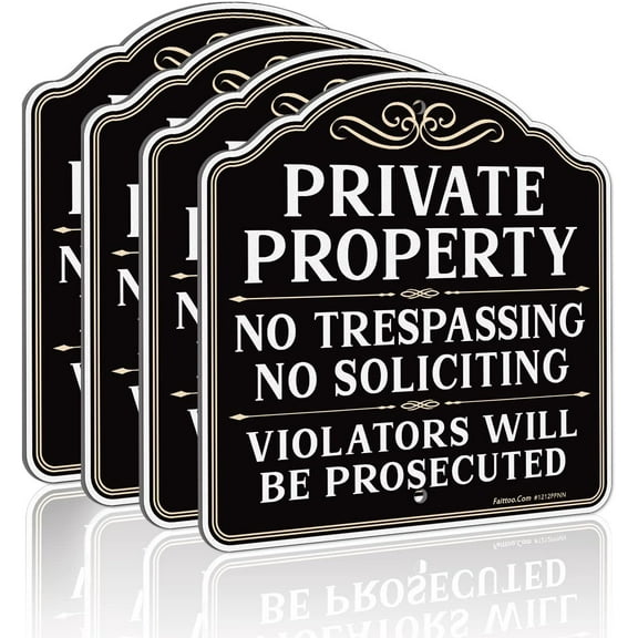 Faittoo Private Property No Trespassing No Soliciting Sign, Violators Will Be Prosecuted Sign, 4-Pack 11.6 x 11.6 Inch Reflective Aluminum, UV Protected, Weather/Fade Resistant, Easy to Install