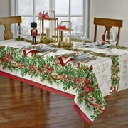 Newbridge Holly Ribbon Traditions Fabric Christmas Holiday Tablecloth by Newbridge, Xmas Ribbons Double Border Tablecloth, 60 Inch x 144 Inch Oblong/Rectangle
