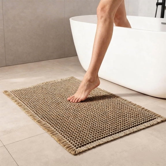 MudFree Waffle Bathroom Rugs,Super Absorbent Bath Mat for Tub Non Slip,Machine Washable Bath Rugs with Tassel Fringe,Bathroom Floor Mat for Shower, Brown 17"x24"