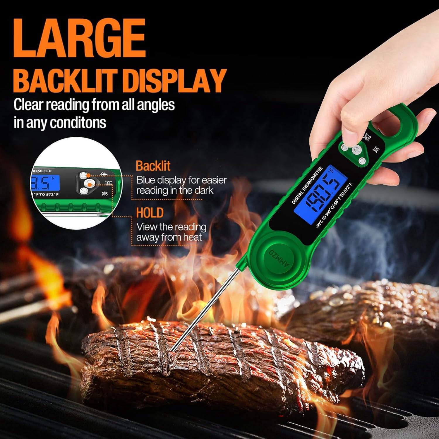 AMMZO Digital Meat Thermometer for Grilling, Candy Thermometer Instant Read Food Thermometer Waterproof with Backlight for Cooking, Deep Fry, BBQ, Grill, Smoker and Roast (Green)