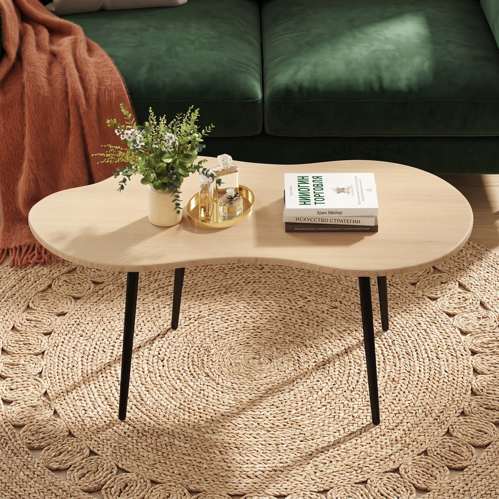 Furnibear Cloud Shape Coffee Table, 39.5 Inch Irregular Free Form Center Table with Sturdy Metal Frame, Wide Engineered Wood Top Accent Side Table for Living, Natural