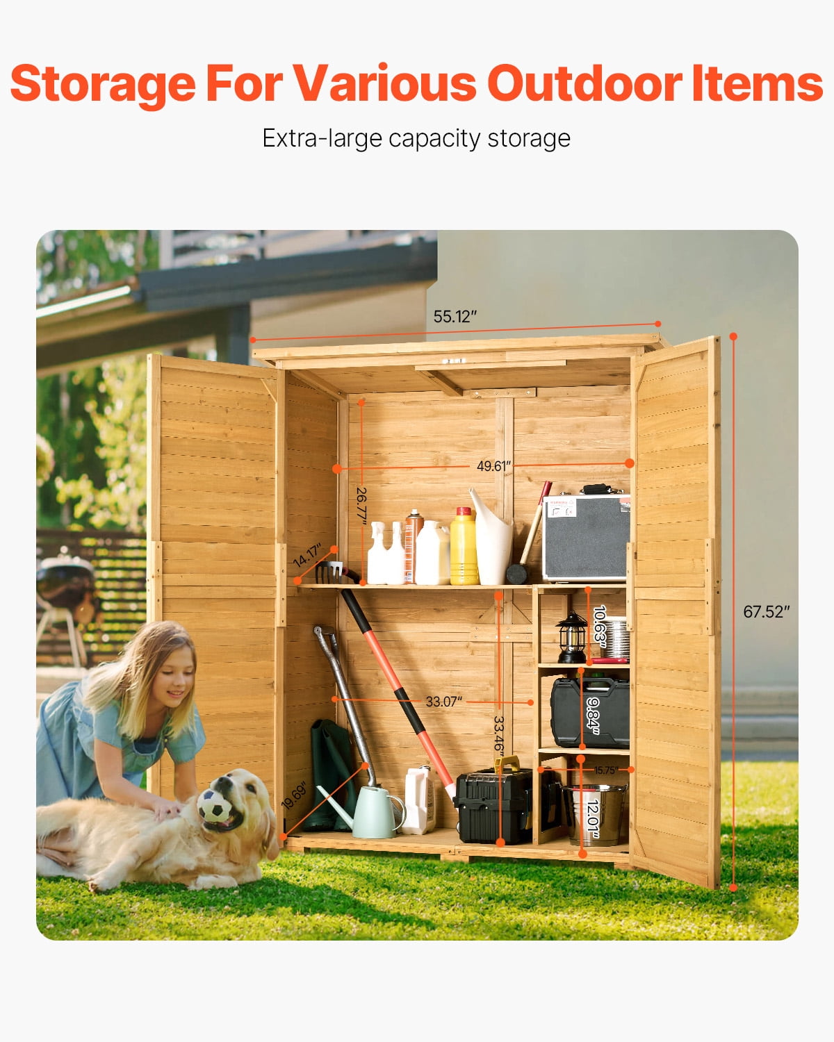 KFFKFF Exterior Storage Unit 55 x 67.5", Spacious Wood-Based Outdoor Storage Shed with Weatherproof Top and Sturdy Metallic Structure, Garden Equipment Storage Hut with Shelving & Grounding